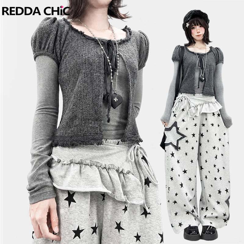 Shirts - REDDACHiC パフスリーブカーディガンとトップスの2点セット。韓国風、グレー、レイヤードスタイル、スリムフィットTシャツ、カーディガン、グランジスタイル、秋のファッション。