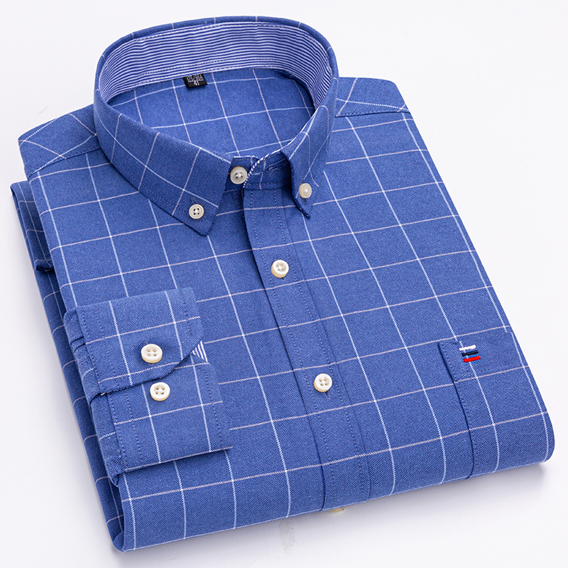 Oxford Cotton Casual Shirt Business - 男性用オックスフォードストライプチェックシャツ、100% ピュアコットン、カジュアル長袖シャツ、ボタンビジネスシャツ、高品質、社会、7xl