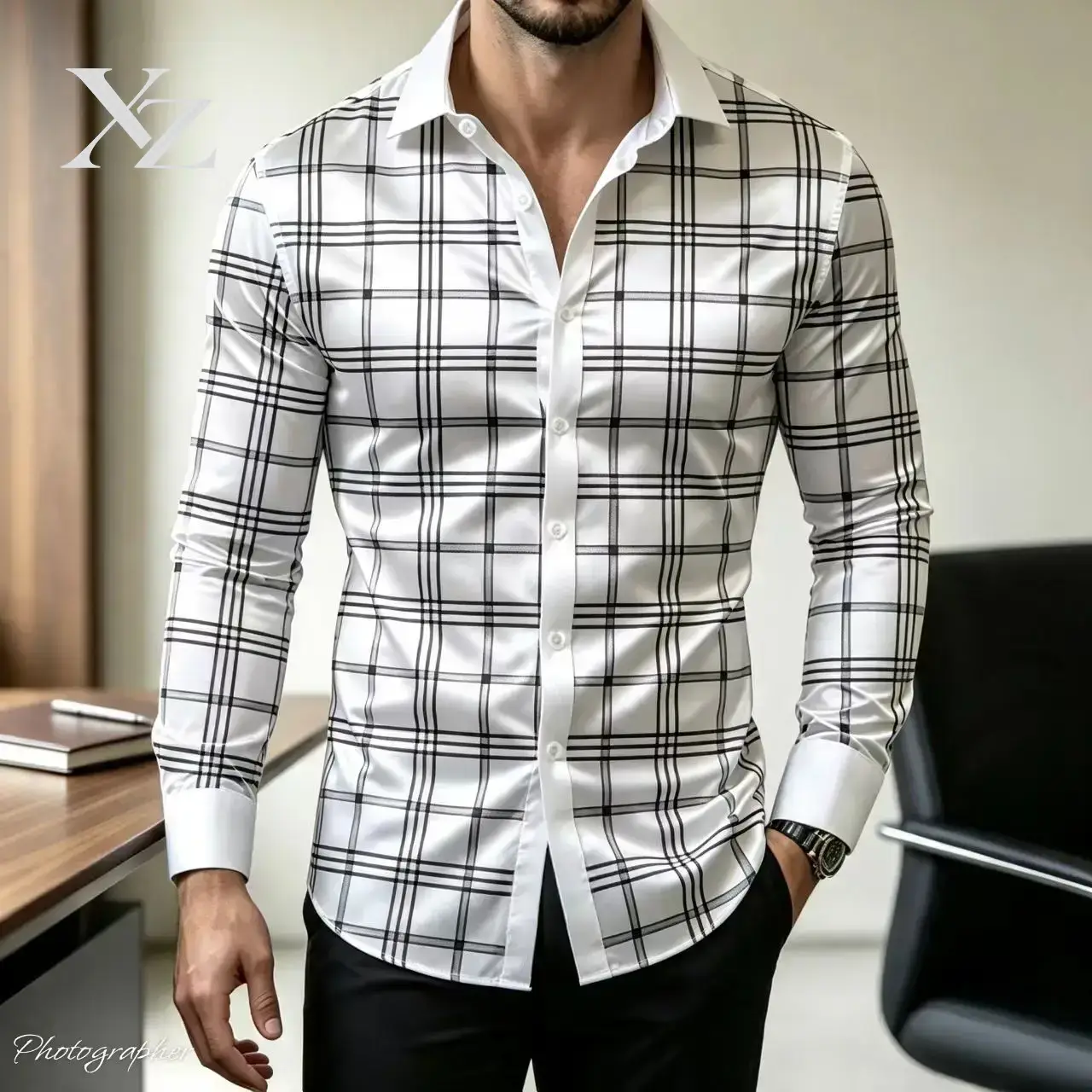 Mens Satin Silk Dress Shirt - 人気急上昇中！メンズ用、スリムフィット、長袖、チェック柄のドレスシャツ。コントラストカラーの襟、高級サテン素材、ボタンダウン、ビジネスカジュアルスタイル。