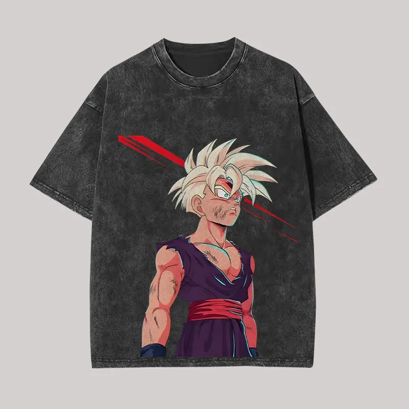 Acid Wash Vintage Graphic T Shirt - 悟飯Tシャツ ドラゴンボールZ アニメ メンズ ヴィンテージ 酸洗い加工