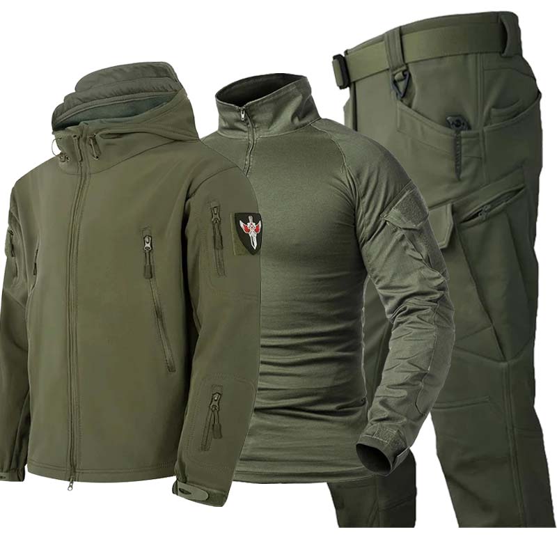 Tactical Military Shirt Cargo - メンズ用迷彩柄タクティカル3点セット：フード付きジッパー付きジャケット、ミリタリー風アウトドアパンツ、シャツ、冬用フリース素材のカーゴソフトシェルスーツ、防水仕様。