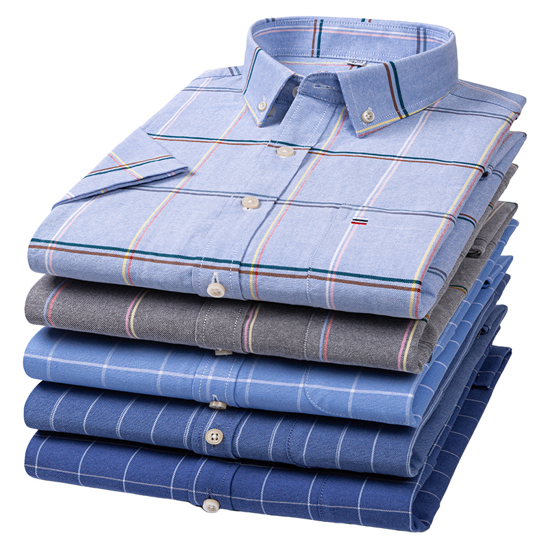 Oxford Cotton Casual Shirt Business - 男性用のチェックとストライプのシャツ,半袖,ストライプ,丈夫な生地,カジュアルなオフィスウェア,新しいコレクション