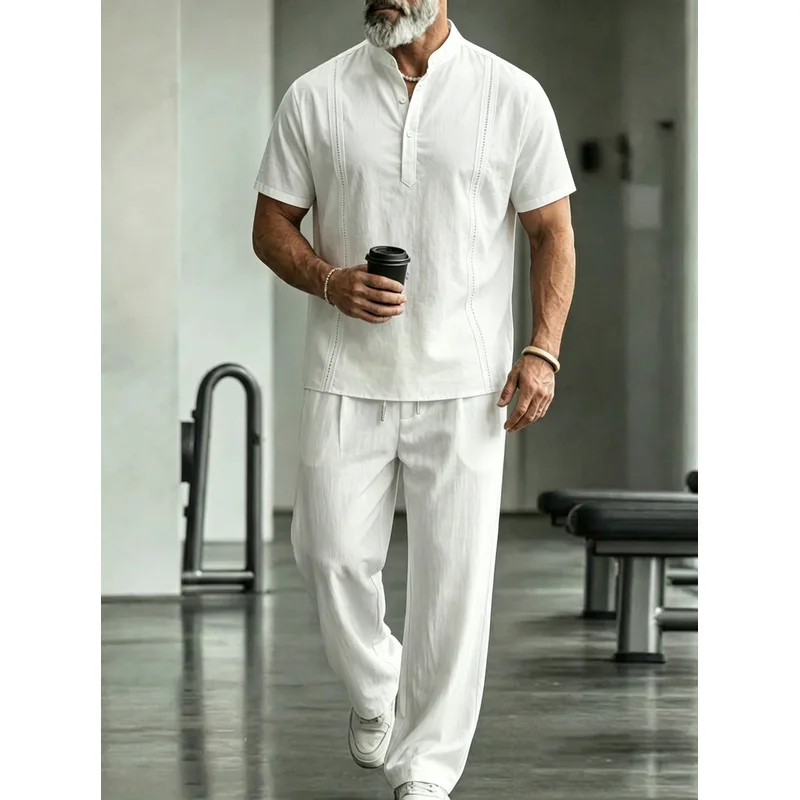 Mens Linen Shirt Long Sleeve - メンズリネンカジュアル2ピースセット半袖ソリッドラペルシャツ+ロングパンツアウトフィット夏用通気性アウトドアデイリーウェアファッションC