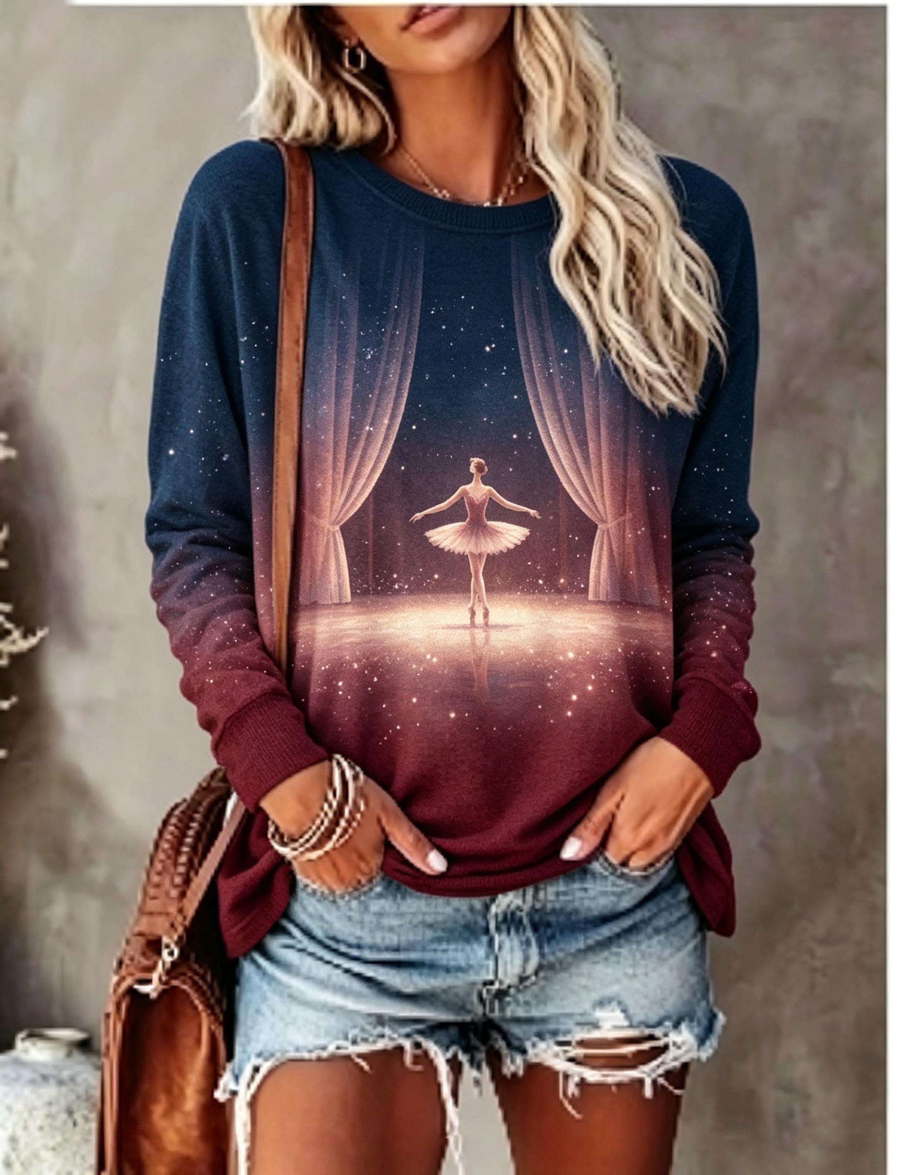 T-Shirts - 女性用長袖Tシャツ バレエダンサー ステージカーテン スターグローグラデーションプリント クルーネックトップス
