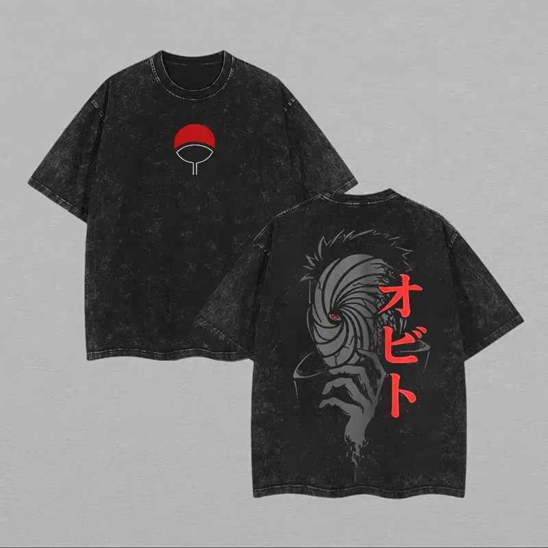 Acid Wash Vintage Graphic T Shirt - ナルトうちはオビト Tシャツマスクヴィンテージアシッドウォッシュストリートウェア快適なレトロアニメグラフィックメンズ Tシャツトップ衣類 2026 夏