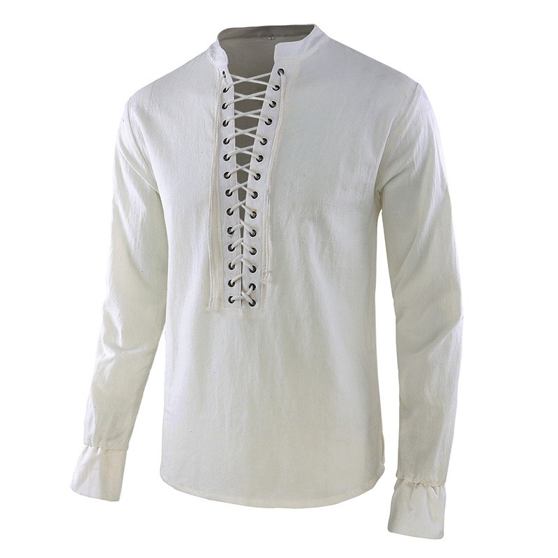 Mens Linen Shirt Long Sleeve - メンズ ルネッサンス シャツ 海賊 中世 バイキング