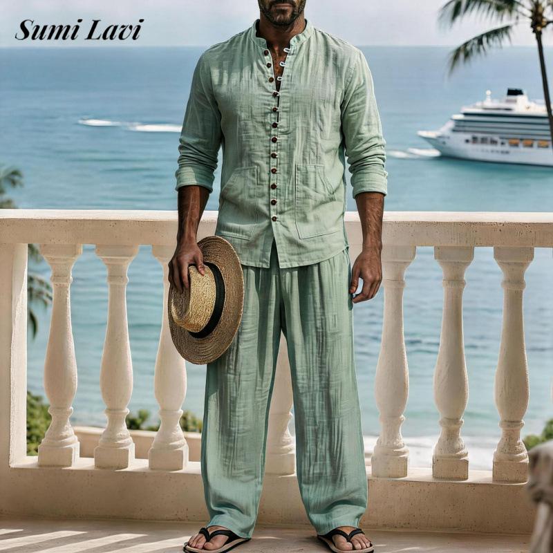 ヴィンテージ風のメンズリネン長袖シャツとパンツの2点セット。 - Mens Linen Shirt Long Sleeve のレビューと価格