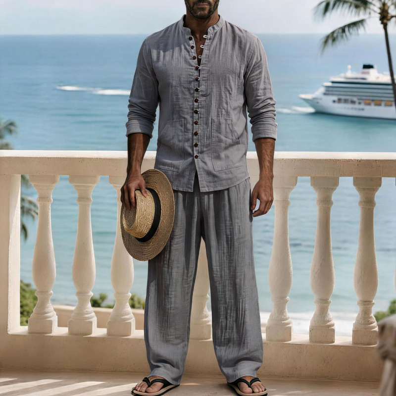 ヴィンテージ風のメンズリネン長袖シャツとパンツの2点セット。 - Mens Linen Shirt Long Sleeve のレビューと価格