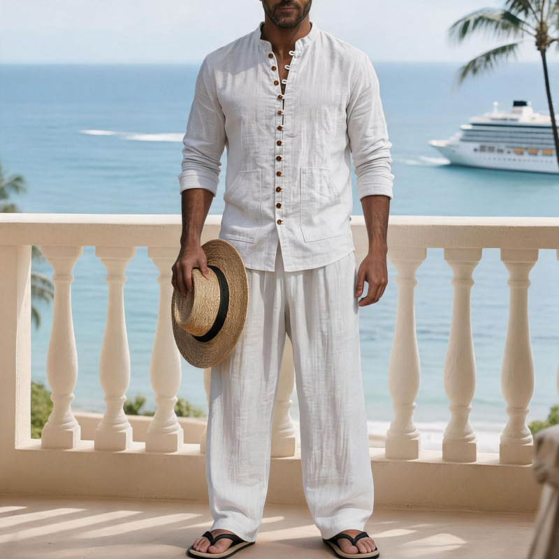 ヴィンテージ風のメンズリネン長袖シャツとパンツの2点セット。 - Mens Linen Shirt Long Sleeve のレビューと価格