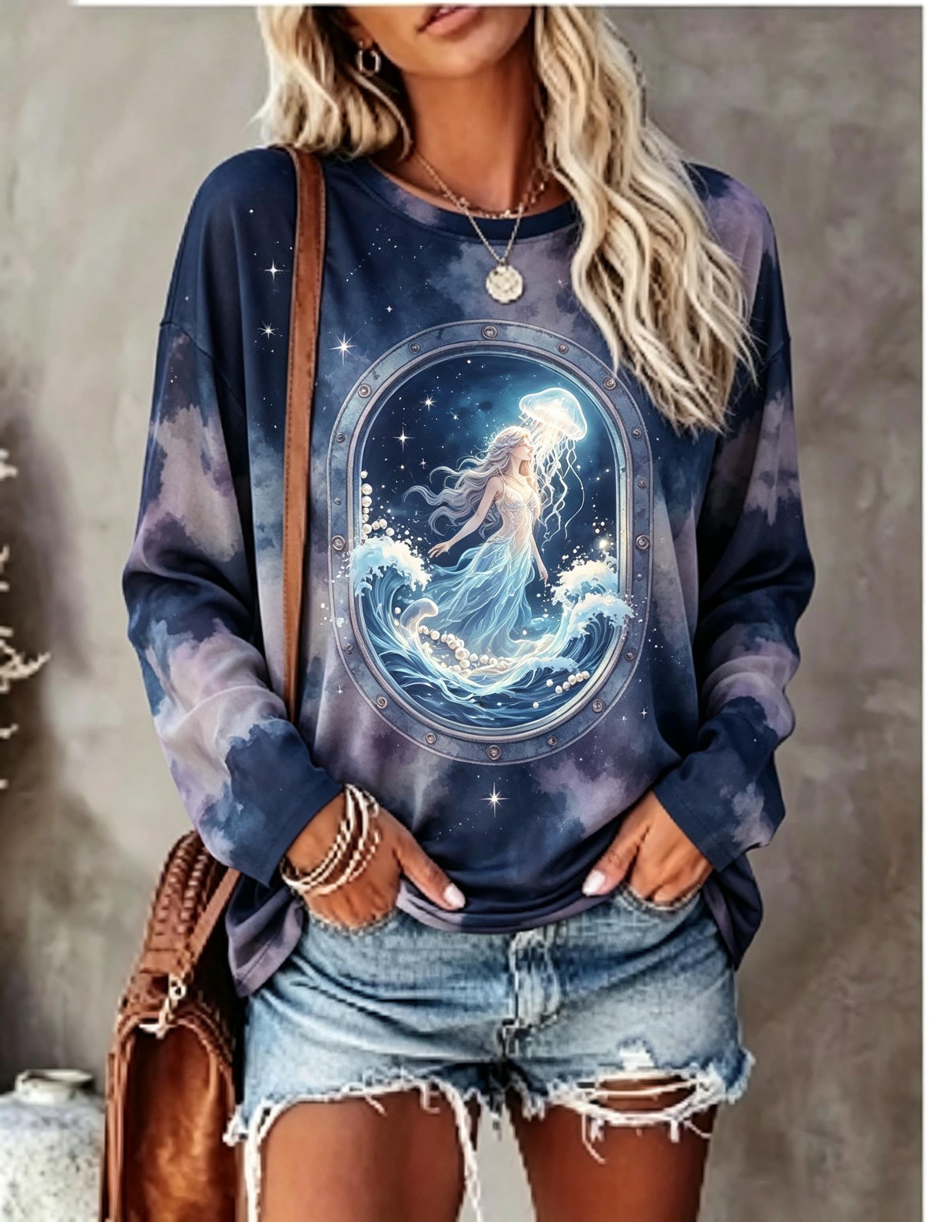 レディース 長袖Tシャツ、巨大な貝殻、海、サンゴ、波のプリン - T-Shirts のレビューと価格