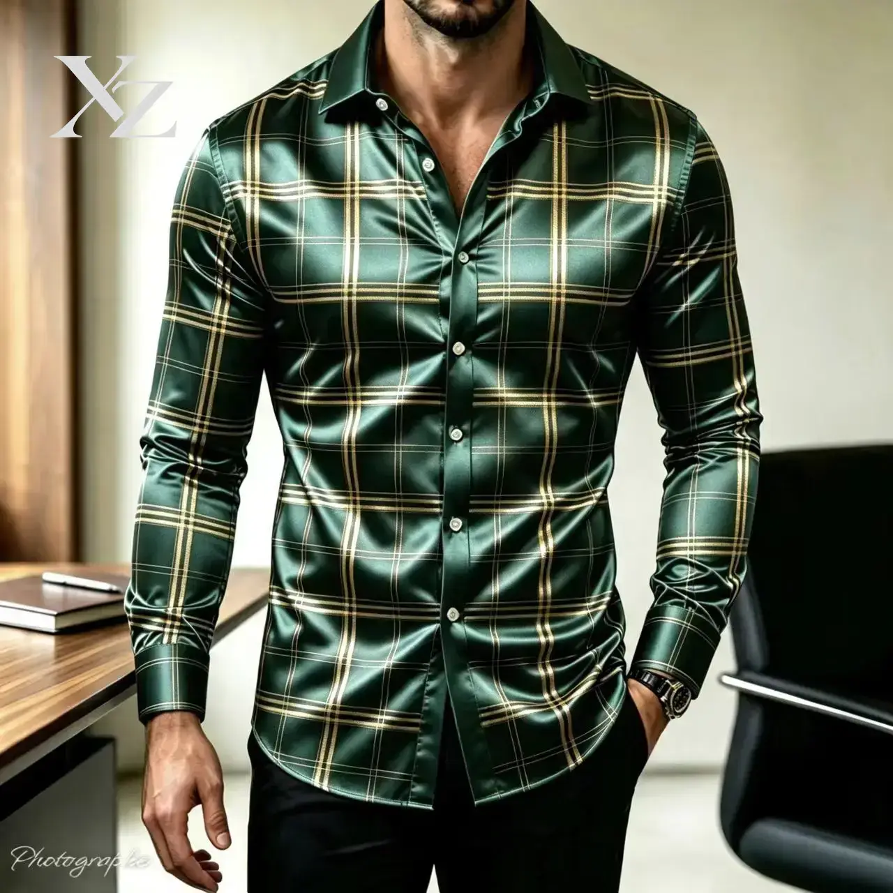 人気急上昇中！メンズ用、スリムフィット、長袖、チェック柄のド - Mens Satin Silk Dress Shirt のレビューと価格