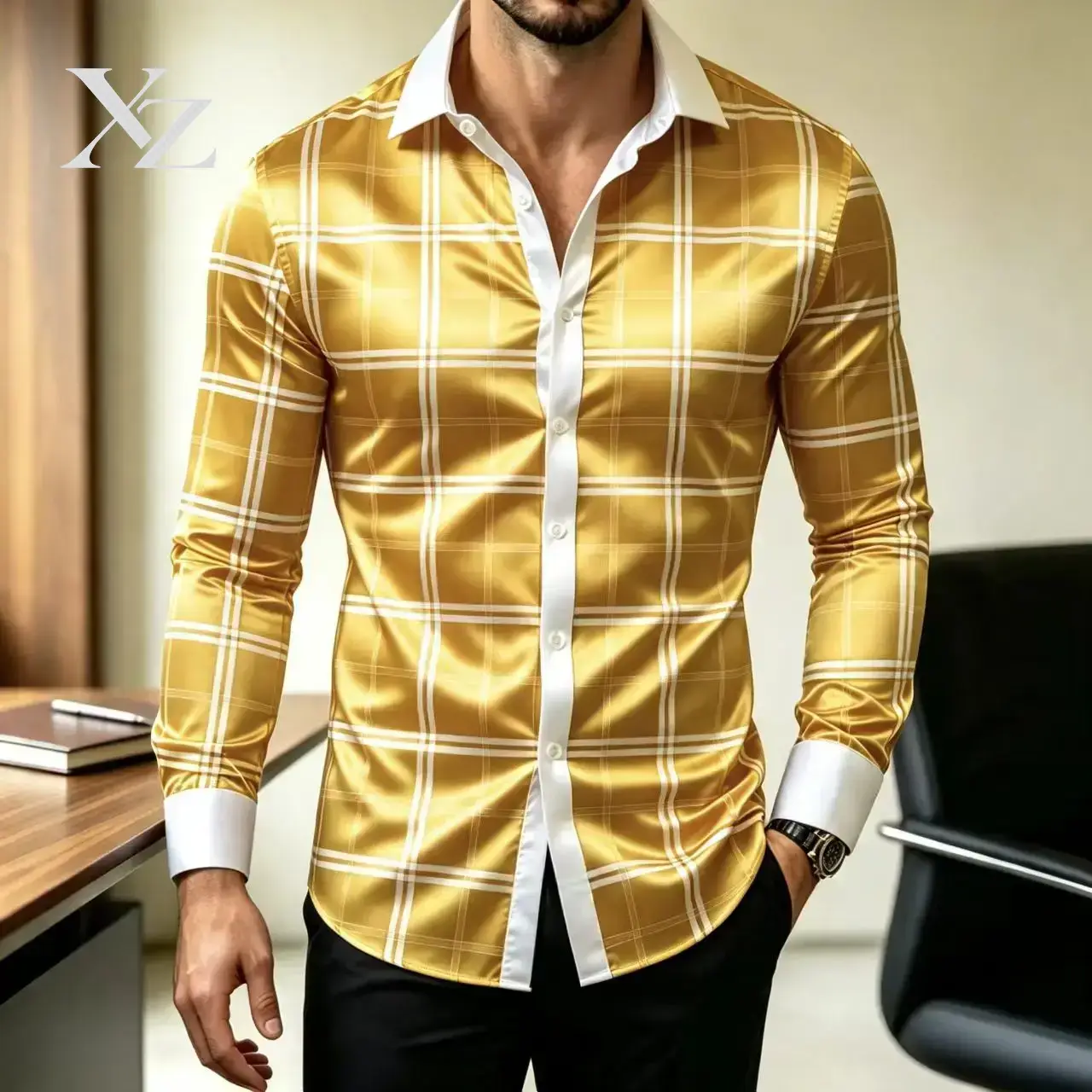 人気急上昇中！メンズ用、スリムフィット、長袖、チェック柄のド - Mens Satin Silk Dress Shirt のレビューと価格