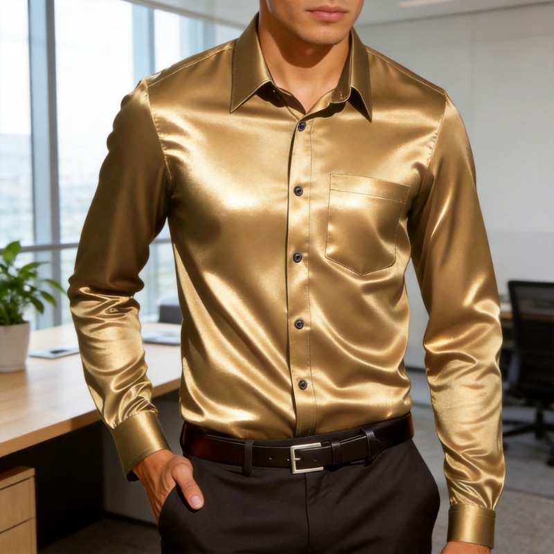 メンズ サテン風アイスシルク ドレスシャツ スリムフィット  - Mens Satin Silk Dress Shirt のレビューと価格
