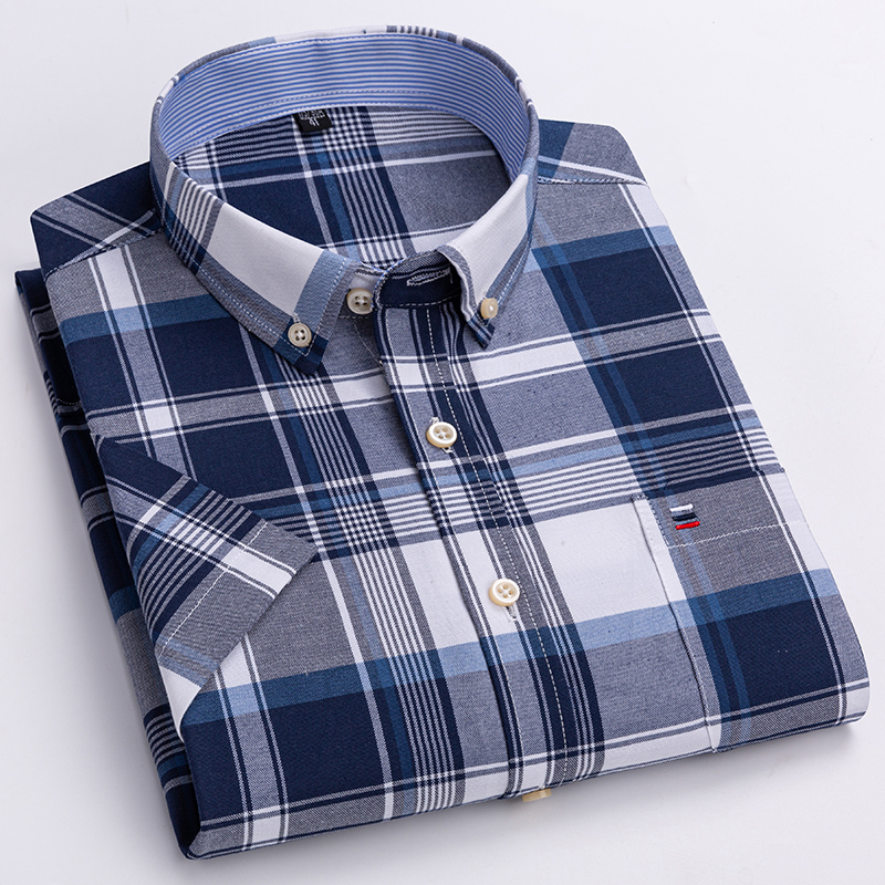 男性用のチェックとストライプのシャツ,半袖,ストライプ,丈夫 - Oxford Cotton Casual Shirt Business のレビューと価格