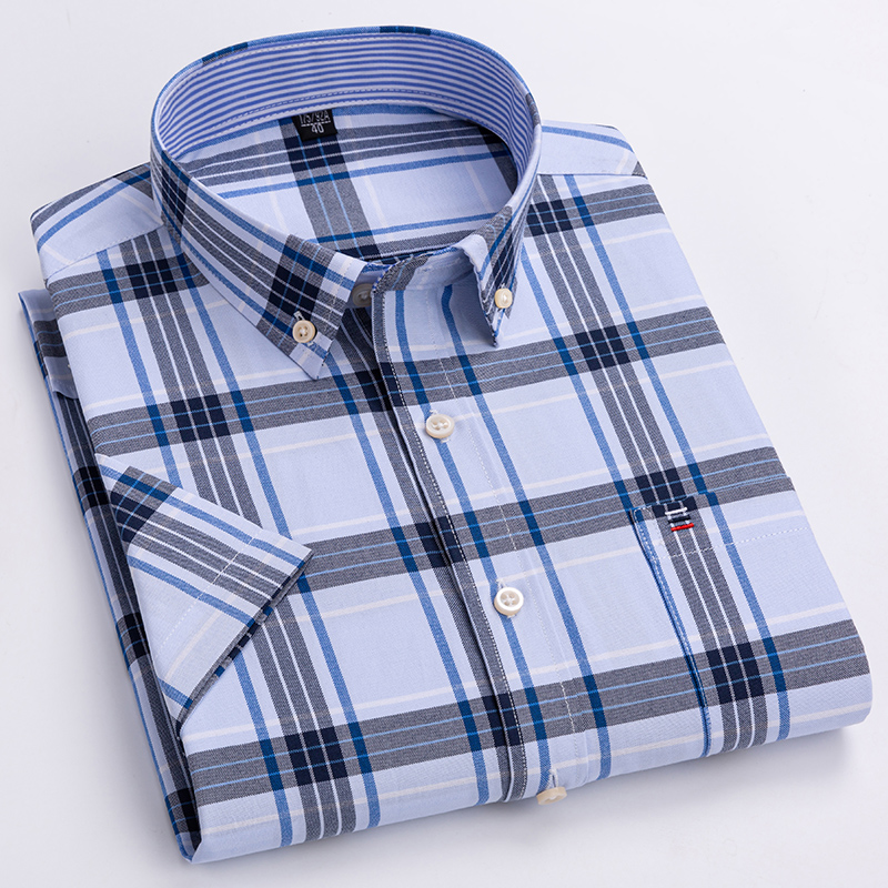 男性用のチェックとストライプのシャツ,半袖,ストライプ,丈夫 - Oxford Cotton Casual Shirt Business のレビューと価格