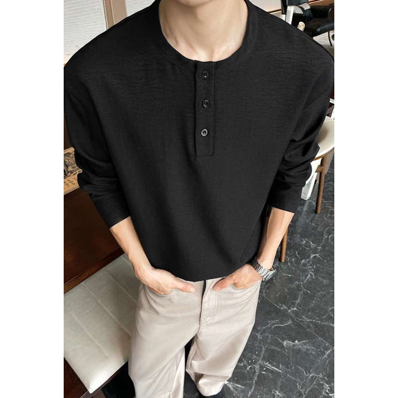 メンズカジュアルフェイクリネンヘンリーティー、長袖、3ボタン - Mens Linen Shirt Long Sleeve のレビューと価格