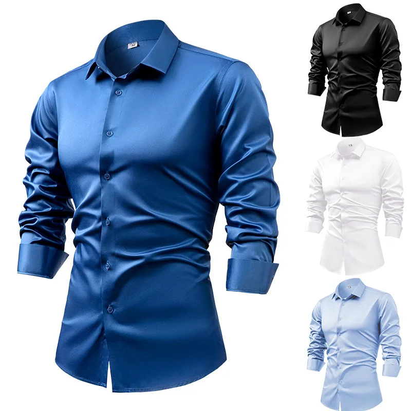 メンズ長袖シルクサテンシャツ,ネイビーブルー,カジュアル,ア - Mens Satin Silk Dress Shirt のレビューと価格