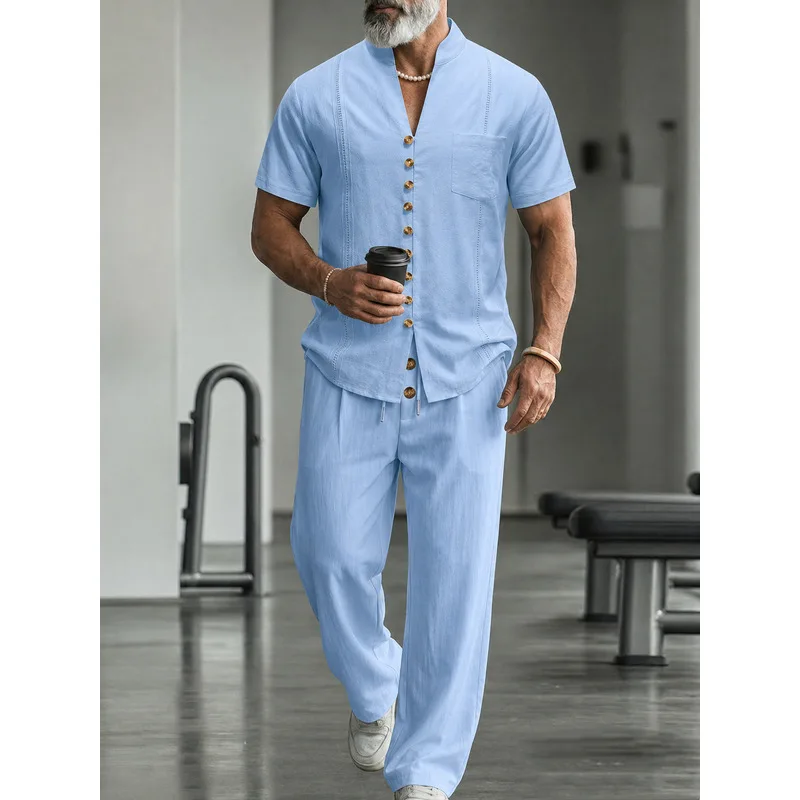 メンズリネンカジュアル2ピースセット半袖ソリッドラペルシャツ - Mens Linen Shirt Long Sleeve のレビューと価格