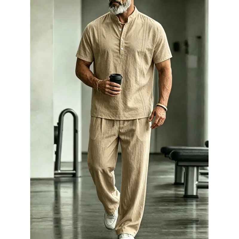 メンズリネンカジュアル2ピースセット半袖ソリッドラペルシャツ - Mens Linen Shirt Long Sleeve のレビューと価格