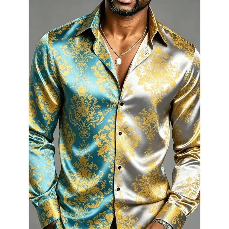サテンシルク長袖バロック花柄プリントメンズドレスシャツスリム - Mens Satin Silk Dress Shirt のレビューと価格