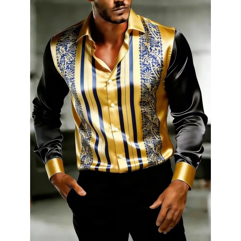 サテンシルク長袖バロック花柄プリントメンズドレスシャツスリム - Mens Satin Silk Dress Shirt のレビューと価格