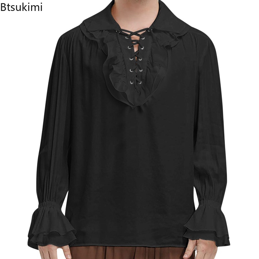 メンズ中世ルネッサンス海賊シャツビクトリア朝フリルスチームパ - Medieval Gothic Lace Up Pirate Shirt のレビューと価格